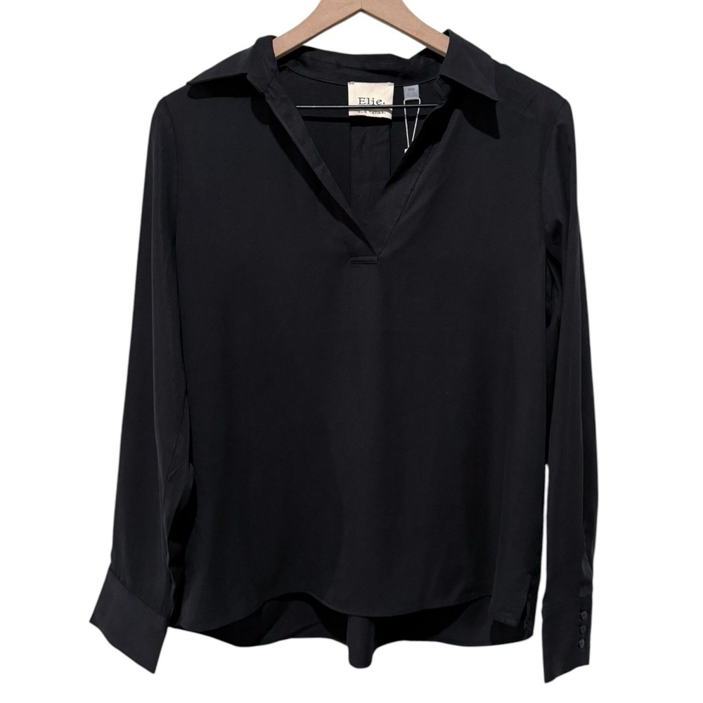 Elie Tahari Women Top Sz M Black Tencel Long Sleeve V-Neck Office Minimalist
